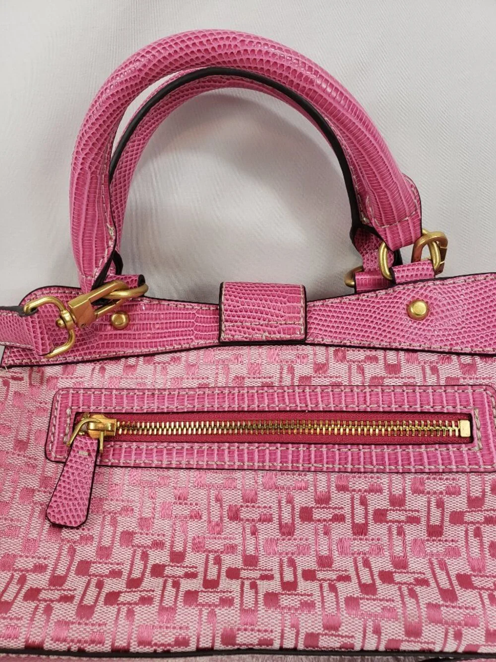 GUESS Pink Signature Satchel with Reptile Trim & Gold Hardware